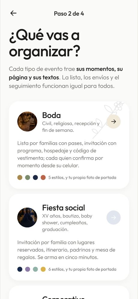 Elige qué tipo de evento es