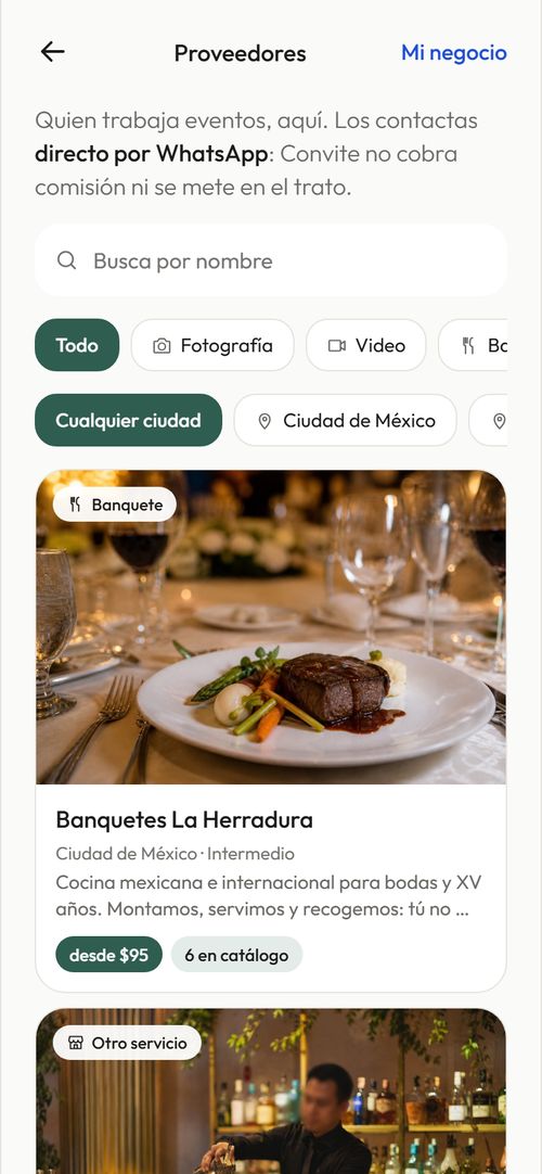 El directorio de proveedores dentro de la app.
